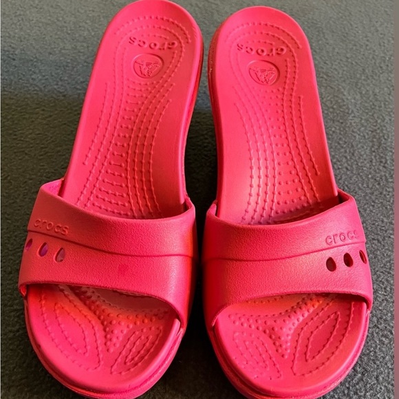 CROCS Shoes - Crocs Bright Pink Wedge Slip-On Heel Sandals Size 7